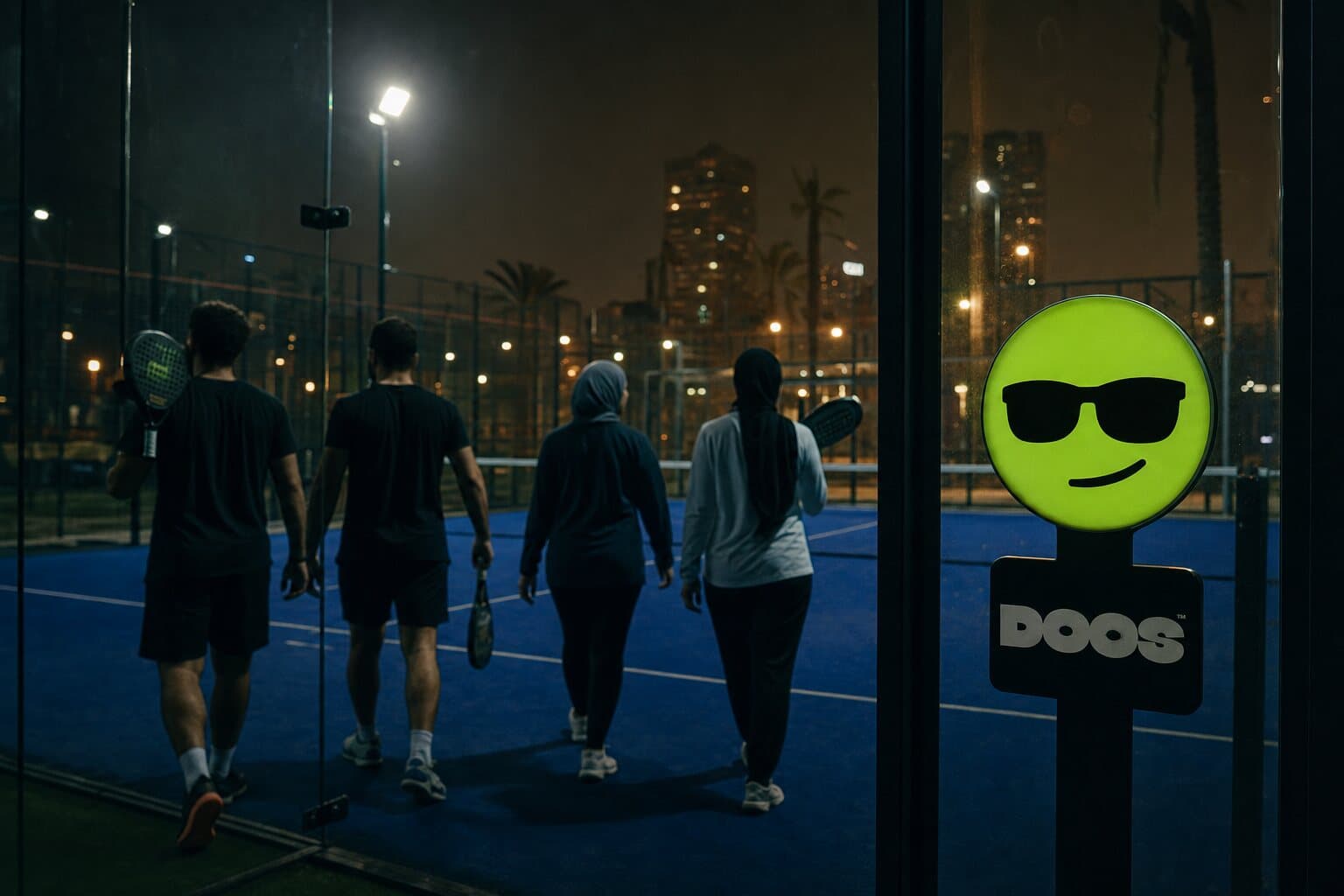 Players walking off a floodlit padel court at night